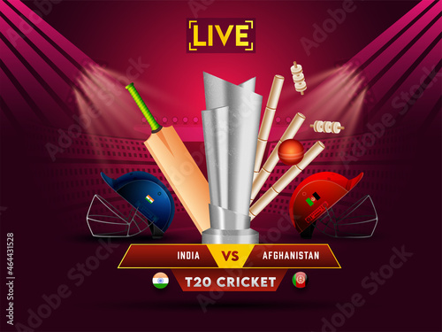 T20 Live Cricket Match Between India VS Afghanistan With 3D Tournament Equipment And Silver Trophy Cup On Burgundy Stadium Background.