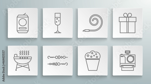 Set line Barbecue grill, Glass of champagne, Grilled shish kebab, Popcorn in cardboard box, Photo camera, Birthday party horn, Gift and Beer can icon. Vector
