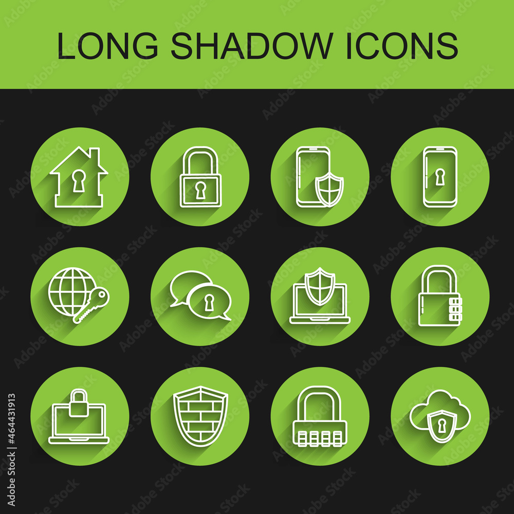 Set line Laptop and lock, Shield with cyber security brick wall, House under protection, Safe combination, Cloud shield, Protection of personal data, and protected icon. Vector Set line Laptop and lock, Shield with cyber security brick wall, House under protection, Safe combination, Cloud shield, Protection of personal data, and protected icon. Vector