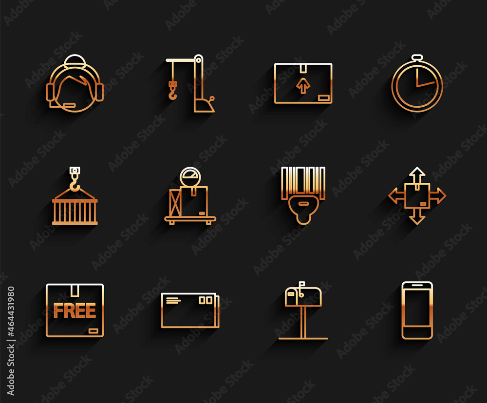Set line Cardboard box with free symbol, Envelope, Support operator in touch, Open mail, Mobile phone app delivery tracking, Scale cardboard, traffic and Scanner scanning bar code icon. Vector Set line Cardboard box with free symbol, Envelope, Support operator in touch, Open mail, Mobile phone app delivery tracking, Scale cardboard, traffic and Scanner scanning bar code icon. Vector