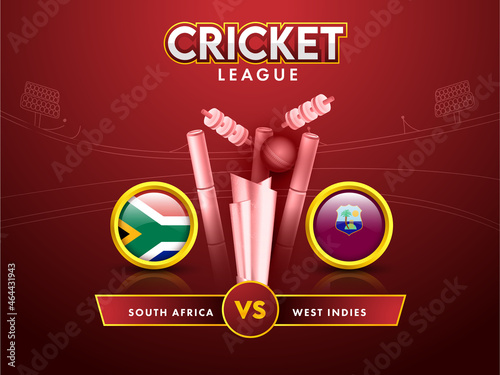 Cricket League Poster Design With Participating Team South Africa VS West Indies And 3D Silver Trophy Cup On Red Stadium Background.