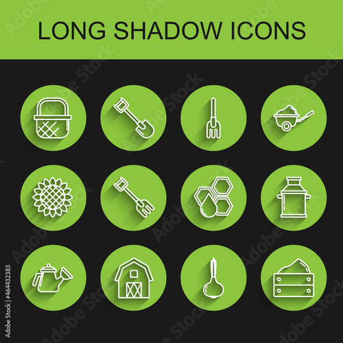 Set line Watering can, Farm House concept, Shopping basket, Onion, Wooden box with harvest, Garden rake, Can container for milk and Honeycomb icon. Vector