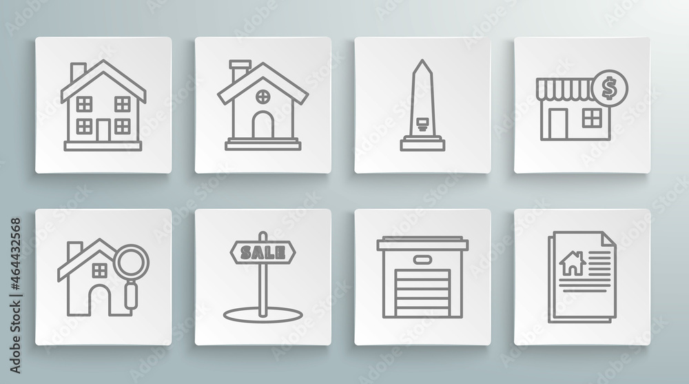Set line Search house, House, Hanging sign with text Sale, Garage, contract, Washington monument, dollar symbol and Home icon. Vector Set line Search house, House, Hanging sign with text Sale, Garage, contract, Washington monument, dollar symbol and Home icon. Vector