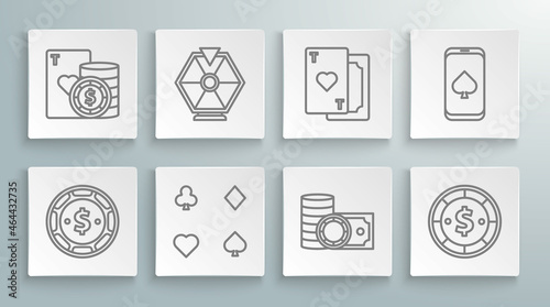 Set line Casino chip with dollar, Lucky wheel, Playing cards, chips and stacks money cash, heart, Online poker table game and playing icon. Vector