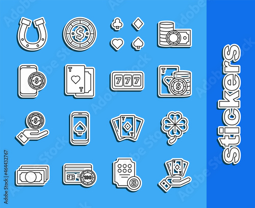 Set line Hand holding deck of playing cards, Four leaf clover, Casino chip, Playing, with heart, Online poker table game, Horseshoe and Slot machine lucky sevens jackpot icon. Vector