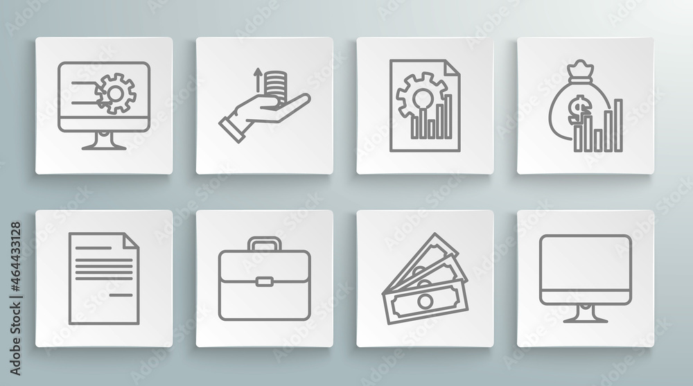 Set line Document, Money on hand, Briefcase, Stacks paper money cash, Computer monitor screen, with graph chart, bag diagram and icon. Vector Set line Document, Money on hand, Briefcase, Stacks paper money cash, Computer monitor screen, with graph chart, bag diagram and icon. Vector