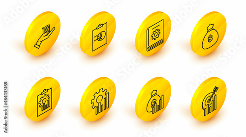 Set line Target with graph chart, Money bag and diagram, Pie infographic, Clipboard, User manual, and hand icon. Vector