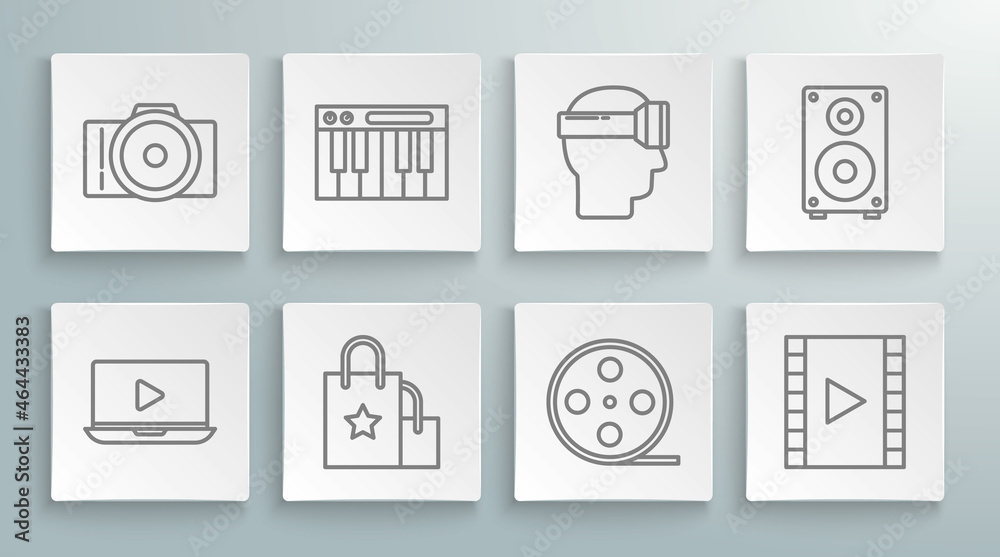 Set line Online play video, Music synthesizer, Paper shopping bag, Film reel, Play Video, Virtual reality glasses, Stereo speaker and Photo camera icon. Vector Set line Online play video, Music synthesizer, Paper shopping bag, Film reel, Play Video, Virtual reality glasses, Stereo speaker and Photo camera icon. Vector