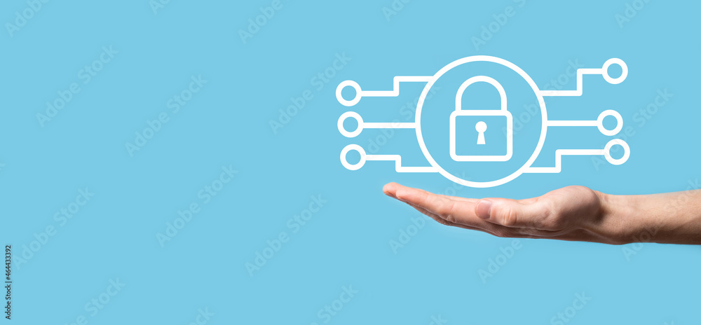 Cyber security network. Padlock icon and internet technology networking. Businessman protecting data personal information on tablet and virtual interface. Data protection privacy concept. GDPR. EU Cyber security network. Padlock icon and internet technology networking. Businessman protecting data personal information on tablet and virtual interface. Data protection privacy concept. GDPR. EU