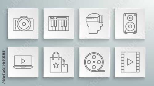 Set line Online play video, Music synthesizer, Paper shopping bag, Film reel, Play Video, Virtual reality glasses, Stereo speaker and Photo camera icon. Vector