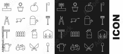 Set line Shovel, Home greenhouse and plants, Garden rake, Apple, Wheelbarrow, Gardening handmade scissors, Blank wooden sign board and Watering can icon. Vector