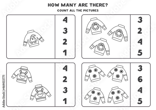 Counting game with Christmas sweaters. Educational worksheet.