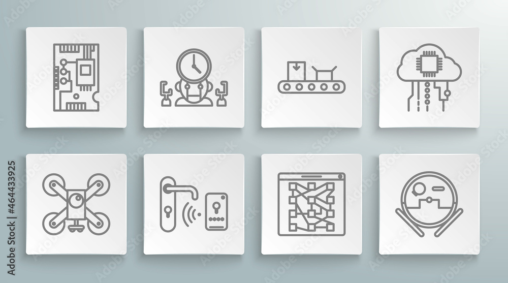 Set line Drone flying with action camera, Global social network, vacuum cleaner, Conveyor belt cardboard box, Internet of things and Electronic computer components motherboard chip icon. Vector Set line Drone flying with action camera, Global social network, vacuum cleaner, Conveyor belt cardboard box, Internet of things and Electronic computer components motherboard chip icon. Vector