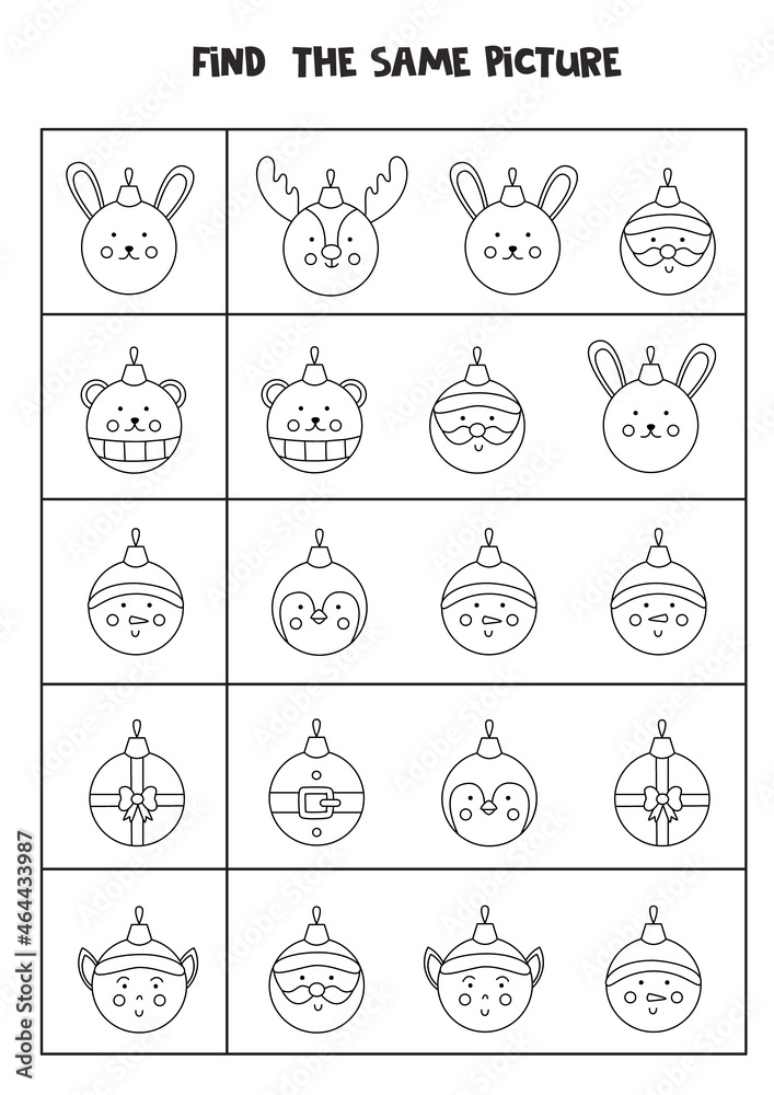 Find two the same Christmas baubles. Black and white worksheet. Find two the same Christmas baubles. Black and white worksheet.