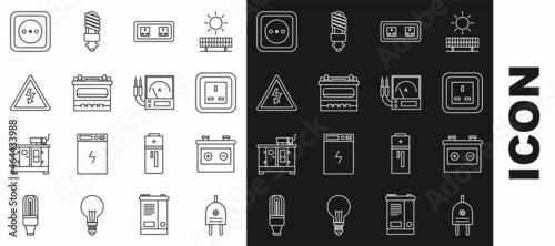 Set line Electric plug, Car battery, Electrical outlet, High voltage sign, and Ampere meter, multimeter, voltmeter icon. Vector