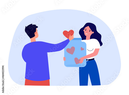 Female volunteer collecting hearts in jar. Man donating, giving help and support flat vector illustration. Charity, solidarity, awareness concept for banner, website design or landing web page