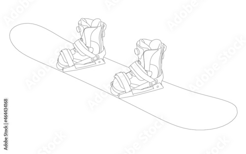 Contour of a snowboard with boots for a snowboarder from black lines isolated on a white background. Vector illustration
