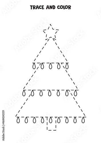 Trace and color cute Christmas tree. Worksheet for kids.