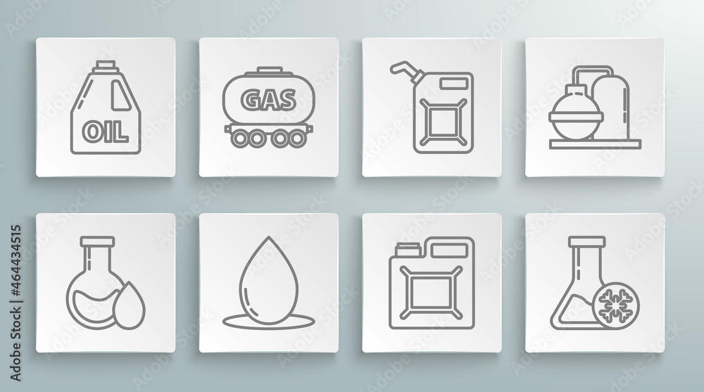 Set line Oil petrol test tube, Gas railway cistern, drop, Canister for gasoline, Antifreeze, and industrial factory building and motor machine oil icon. Vector Set line Oil petrol test tube, Gas railway cistern, drop, Canister for gasoline, Antifreeze, and industrial factory building and motor machine oil icon. Vector