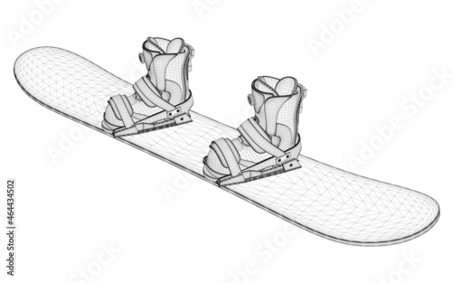 Snowboard wireframe with boots for the snowboarder from black lines isolated on white background. 3D. Vector illustration