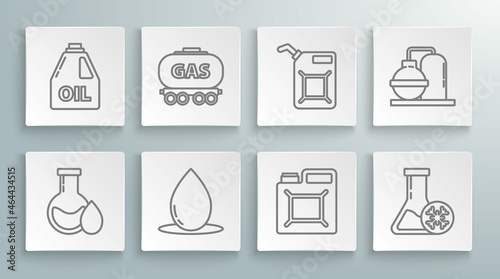 Set line Oil petrol test tube, Gas railway cistern, drop, Canister for gasoline, Antifreeze, and industrial factory building and motor machine oil icon. Vector