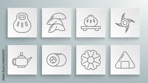 Set line Japanese tea ceremony, Chinese fortune cookie, Sushi, Flower, Dumpling cutting board, ninja shuriken and Maneki neko cat icon. Vector
