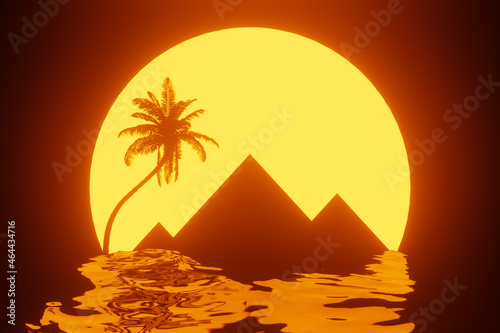 Travel to Egypt Concept. 80s Styled landscape with Pyramids, Palm, Sun and Red Sea. 3d Rendering