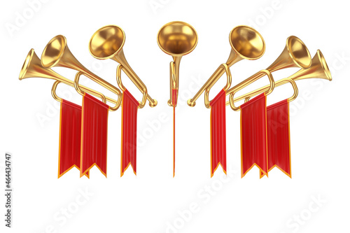 Golden Fanfare Trumpets with Red Flags. 3d Rendering photo