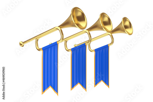 Golden Fanfare Trumpets with Blue Flags. 3d Rendering photo