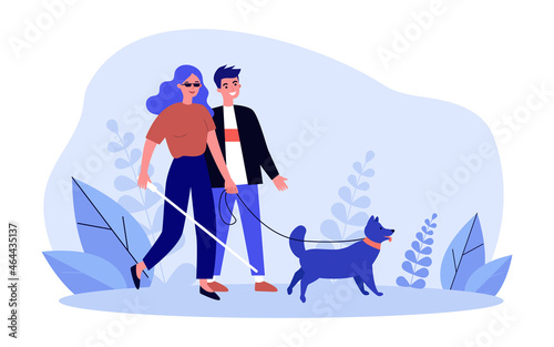 Blind woman walking with man helper and guide dog. Person with physical disability holding stick flat vector illustration. Help of guide animals concept for banner, website design or landing web page