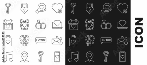 Set line Mobile phone with heart, Envelope, Laptop, Heart hand, in the center alarm clock, Calendar, Key shape and Wedding rings icon. Vector