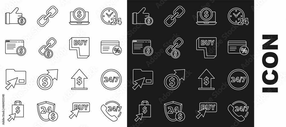 Set line Telephone 24 hours support, Clock, Discount card with percent, Laptop dollar, Chain link and coin, Online shopping screen, Hand holding and Buy button icon. Vector