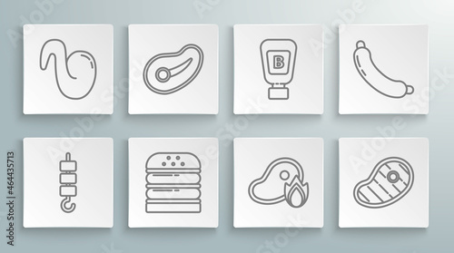 Set line Grilled shish kebab on skewer stick, Steak meat, Burger, steak and fire flame, Sauce bottle, Sausage and Fried chicken wing icon. Vector