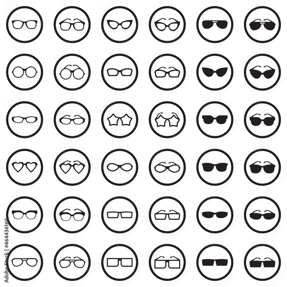 Glasses Icons. Black Flat Design In Circle. Vector Illustration. Glasses Icons. Black Flat Design In Circle. Vector Illustration.