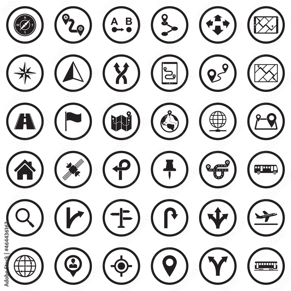 GPS And Navigation Icons. Black Flat Design In Circle. Vector Illustration. GPS And Navigation Icons. Black Flat Design In Circle. Vector Illustration.