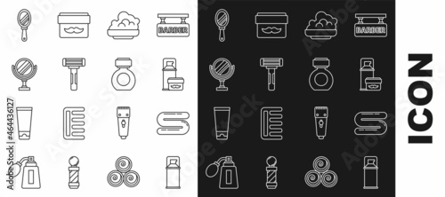 Set line Shaving gel foam, Towel, razor, Round makeup mirror, Hand and Aftershave icon. Vector