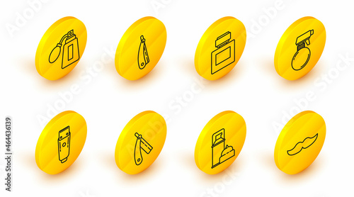 Set line Mustache, Shaving gel foam, Straight razor, Electrical hair clipper shaver, Hairdresser pistol spray bottle, Aftershave, and with atomizer icon. Vector