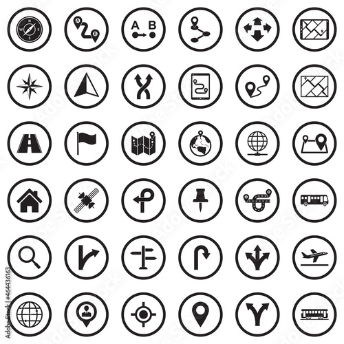 GPS And Navigation Icons. Black Flat Design In Circle. Vector Illustration.