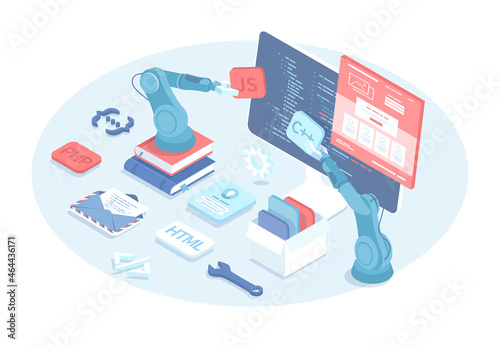 Programmer engineering and coding. Web development illustration. Work with the program code on the monitor screen. Vector illustration in 3d design. Isometric web banner.	