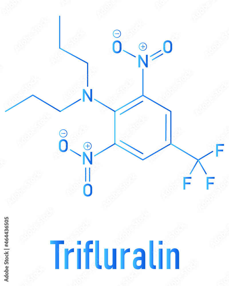 Trifluralin herbicide molecule. Skeletal formula. Trifluralin herbicide molecule. Skeletal formula.