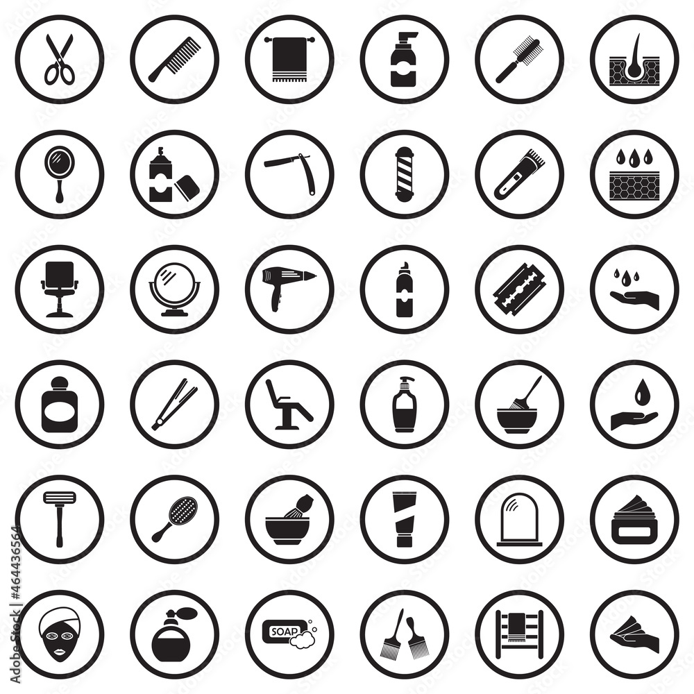 Hair Salon Icons. Black Flat Design In Circle. Vector Illustration. Hair Salon Icons. Black Flat Design In Circle. Vector Illustration.