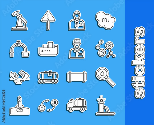 Set line Oil pump or pump jack, drop, Molecule oil, Businessman stock market trader, tanker ship, Industry pipe and valve, and Oilman icon. Vector
