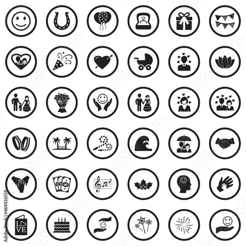 Happiness Icons. Black Flat Design In Circle. Vector Illustration.