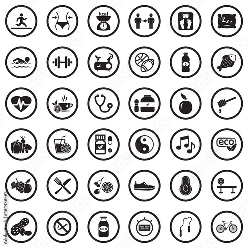 Health And Wellness Icons. Black Flat Design In Circle. Vector Illustration.