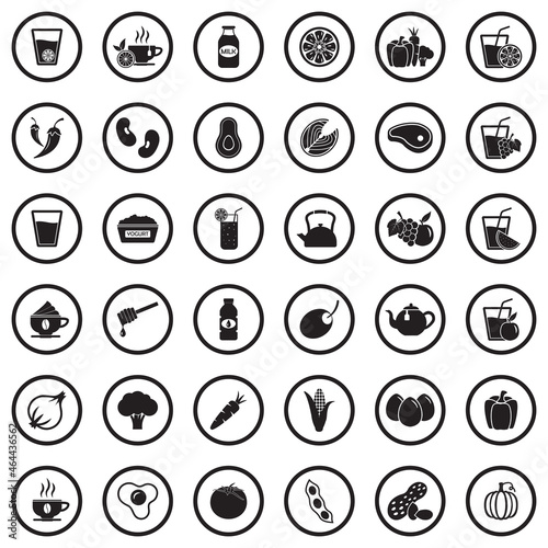Healthy Food And Drink Icons. Black Flat Design In Circle. Vector Illustration.