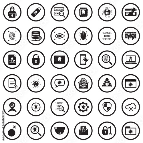 Hacker Icons. Black Flat Design In Circle. Vector Illustration.