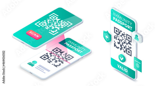 Covid-19 Digital health passport QR verification isometric vector. Smartphone scanning immunity passport QR code. 3d Electronic valid vaccination certificate proof on mobile phone app concept.