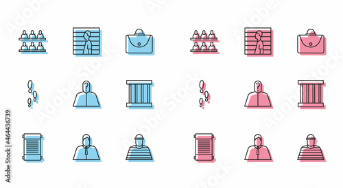 Set line Decree, paper, parchment, scroll, Lawyer, attorney, jurist, Jurors, Prisoner, Anonymous with question mark, window, Footsteps and Suspect criminal icon. Vector