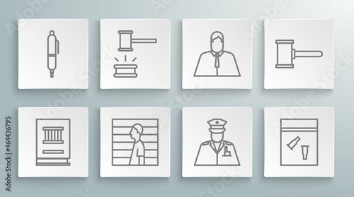Set line Law book, Judge gavel, Suspect criminal, Police officer, Evidence bag and bullet, Lawyer, attorney, jurist, and Pen icon. Vector