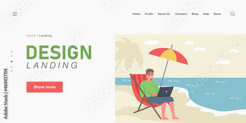 Happy man working remotely at beach. Worker with laptop sitting on chair by sea flat vector illustration. Freelancing, remote work, vacation concept for banner, website design or landing web page